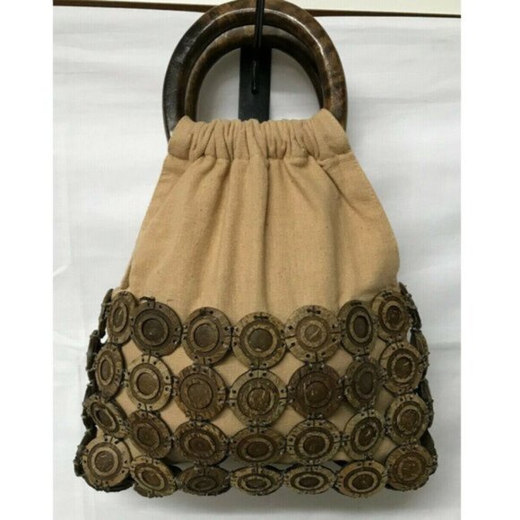 Handbags - Boho Linen Fabric Handbag Purse with Wood Handles  Coconut Shell Bead Design